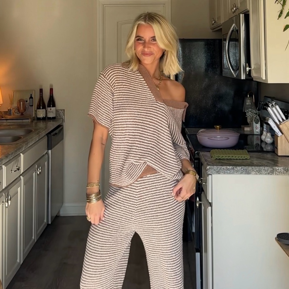 Bohme Off-Shoulder Striped Jumpsuit in Brown and Cream